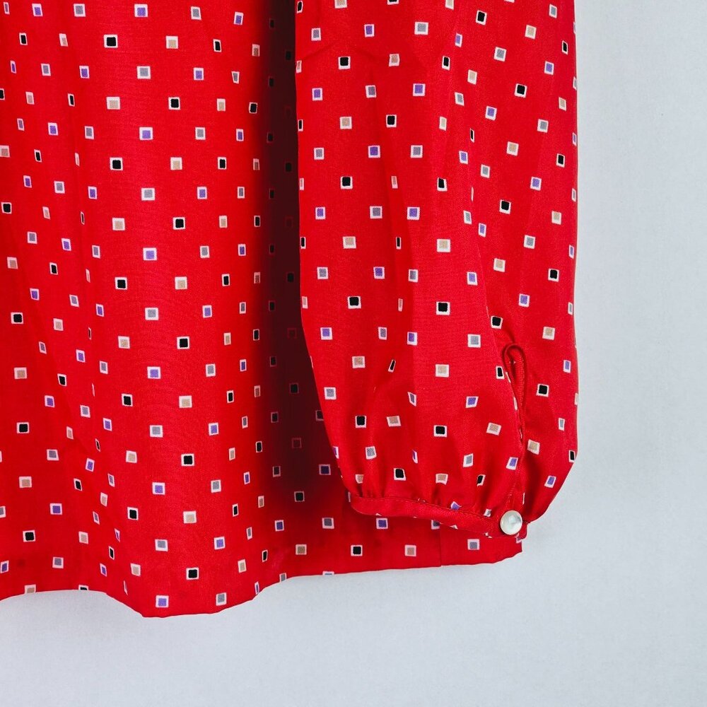 Vtg Lucky Me Loose Clergy Collar Neck Square Print Long Sleeve Silky Blouse, 38 - Picture 3 of 10